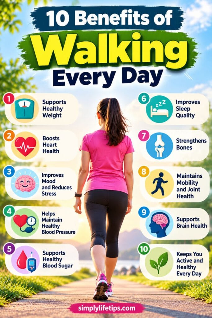 If You Walk Every Day What Will Happen To Your Body? 3 Infographic showing 10 benefits of walking every day for physical and mental health