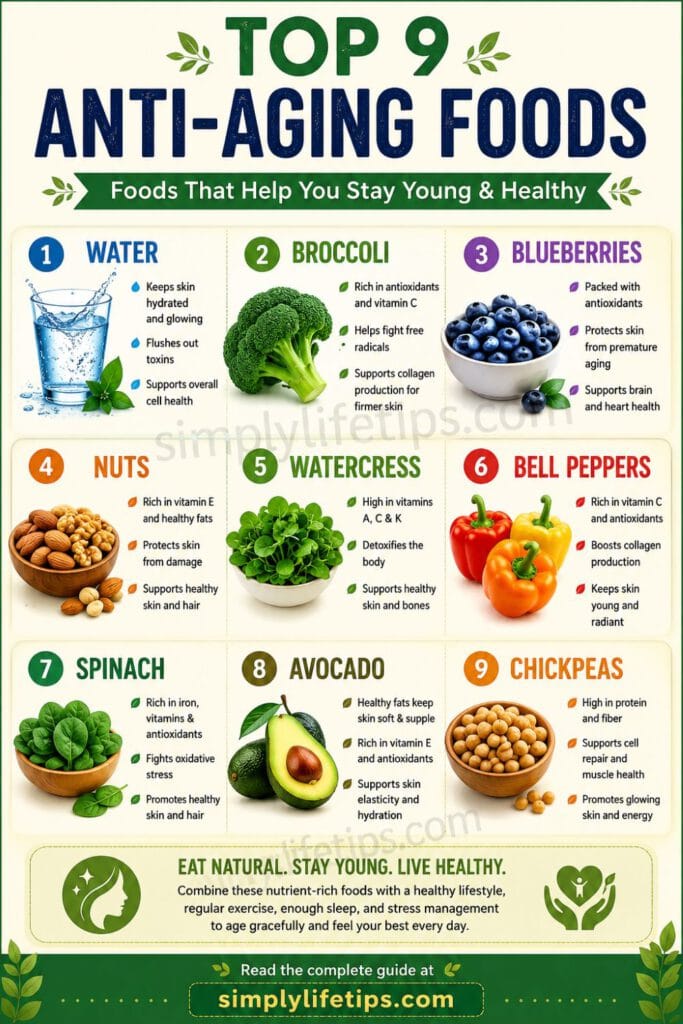 Anti-Aging Foods to Keep You Young and Healthy 11 Top 9 anti-aging foods infographic featuring water, broccoli, blueberries, nuts, watercress, bell peppers, spinach, avocado, and chickpeas.