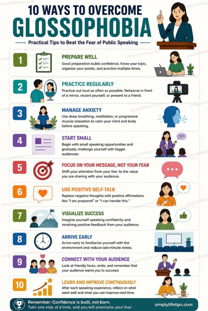 Glossophobia (Fear of Public Speaking) 4 Pinterest infographic showing 10 practical ways to overcome glossophobia and build confidence in public speaking.