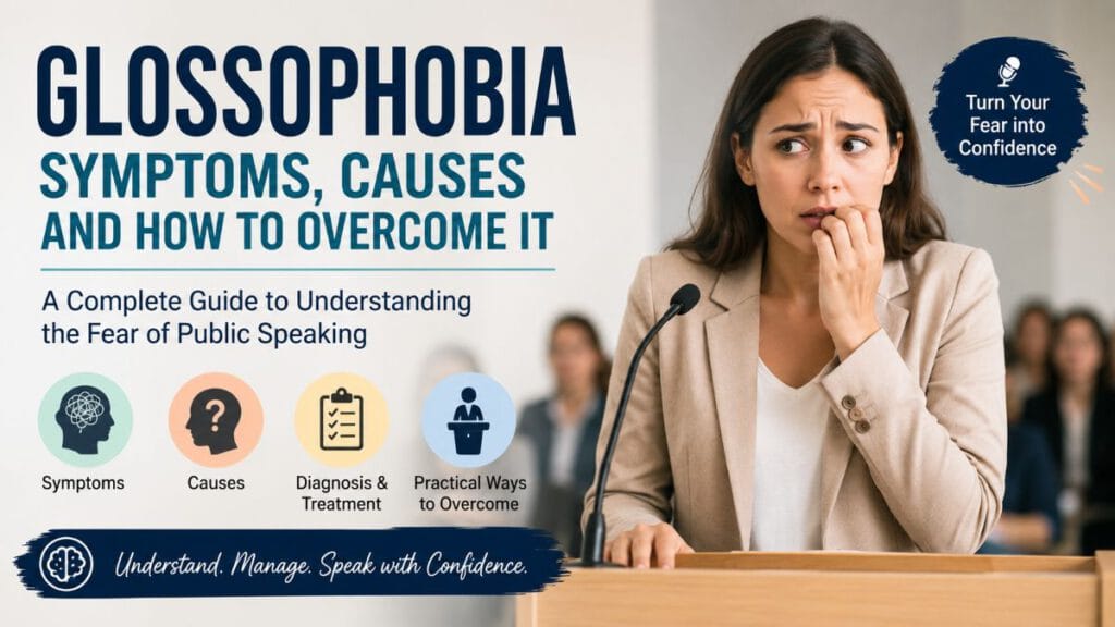 Glossophobia (Fear of Public Speaking) 1 Nervous speaker experiencing glossophobia while speaking at a podium in front of an audience.
