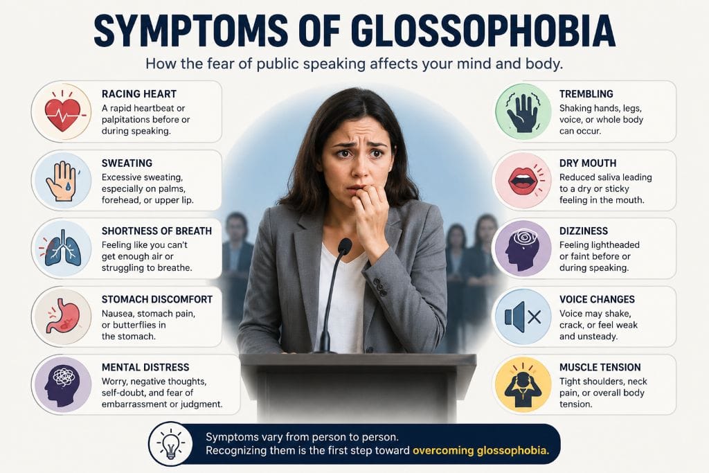 Glossophobia (Fear of Public Speaking) 3 Infographic showing the common physical, emotional, and behavioural symptoms of glossophobia or fear of public speaking.