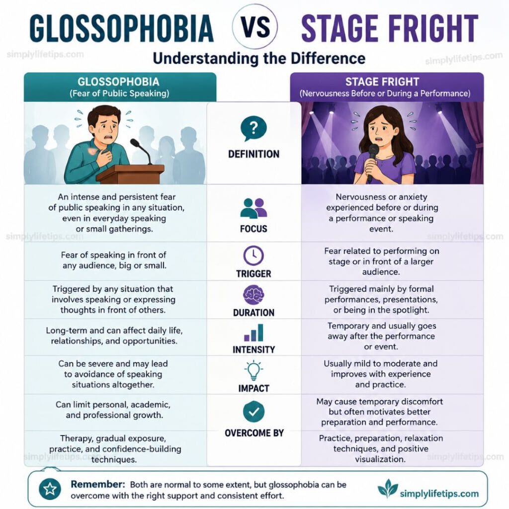Glossophobia (Fear of Public Speaking) 5 Comparison infographic explaining the differences between glossophobia and stage fright, including symptoms, triggers, duration, and treatment.