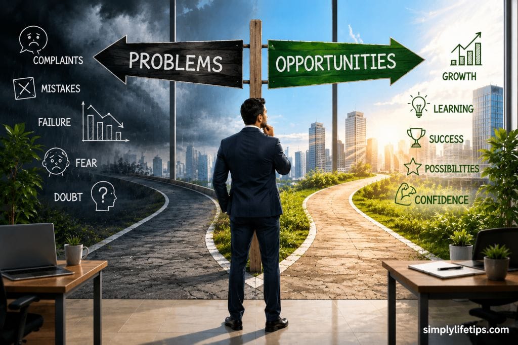 Successful Decision Making In The Workplace 3 Professional standing at a crossroads choosing opportunities over problems to develop a positive mindset for successful decision making in the workplace.