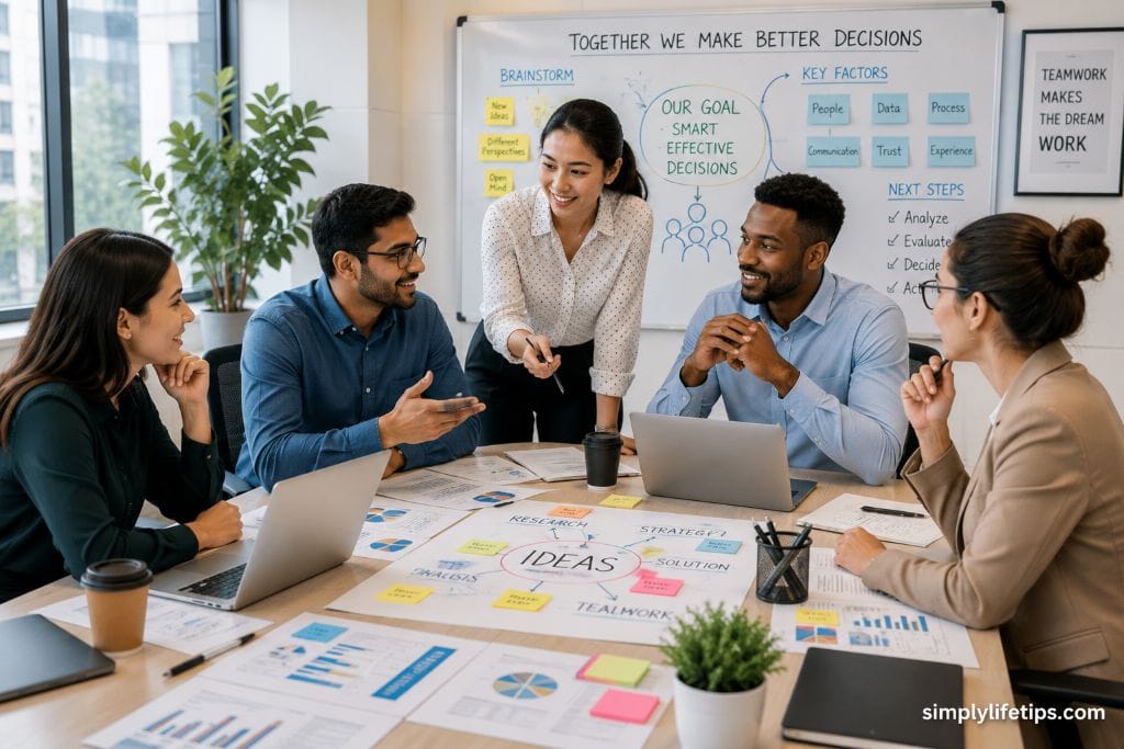 Successful Decision Making In The Workplace 4 Diverse professionals brainstorming together during a team meeting to improve successful decision making in the workplace.