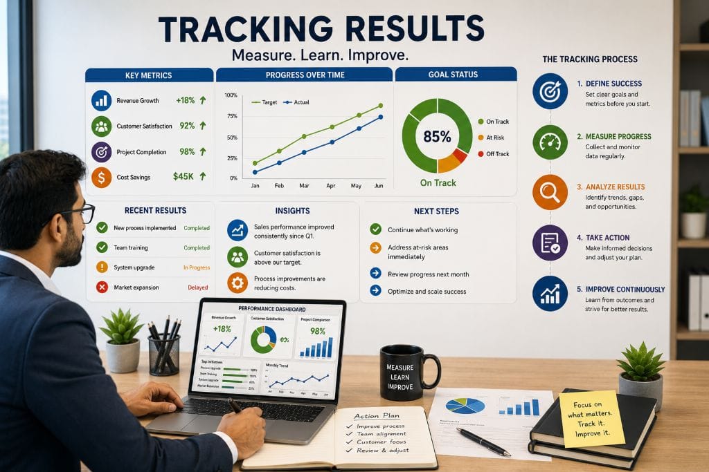 Successful Decision Making In The Workplace 5 Professional reviewing performance dashboards and business metrics to track the results of workplace decisions.