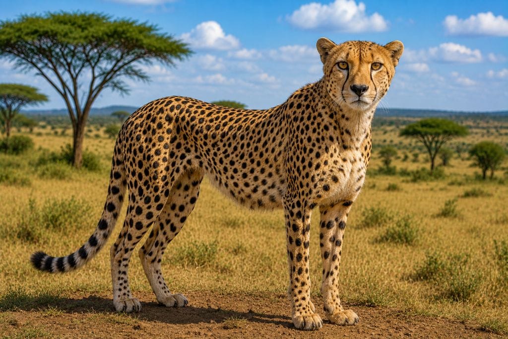 Cheetah standing in the African savanna with golden fur, black spots, and acacia trees in the background.