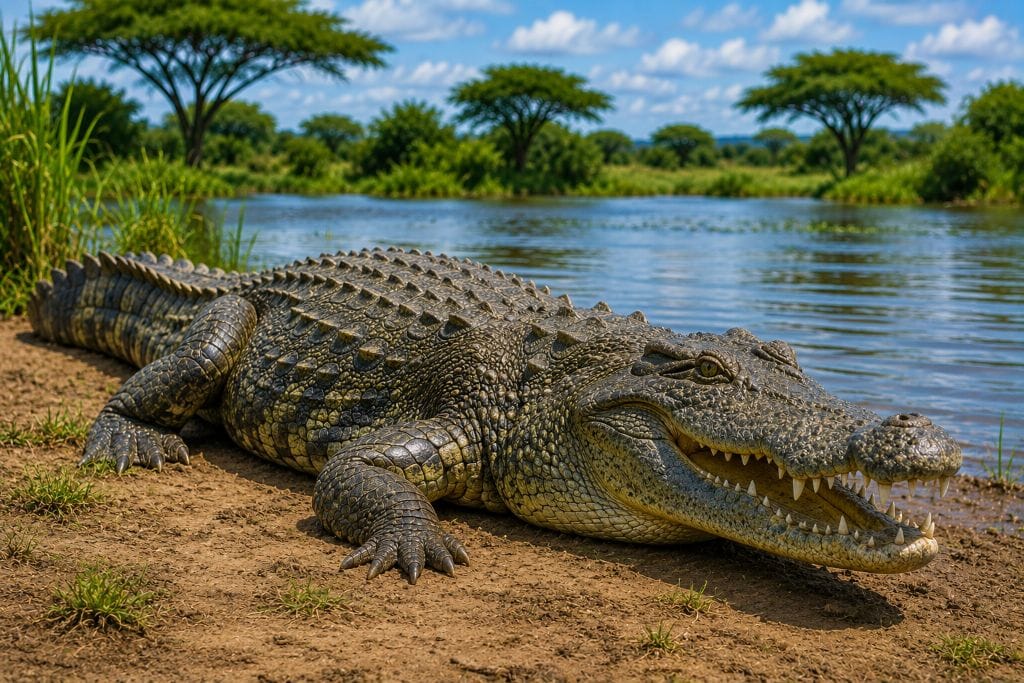 Large crocodile resting on a riverbank beside calm water in its natural wetland habitat.