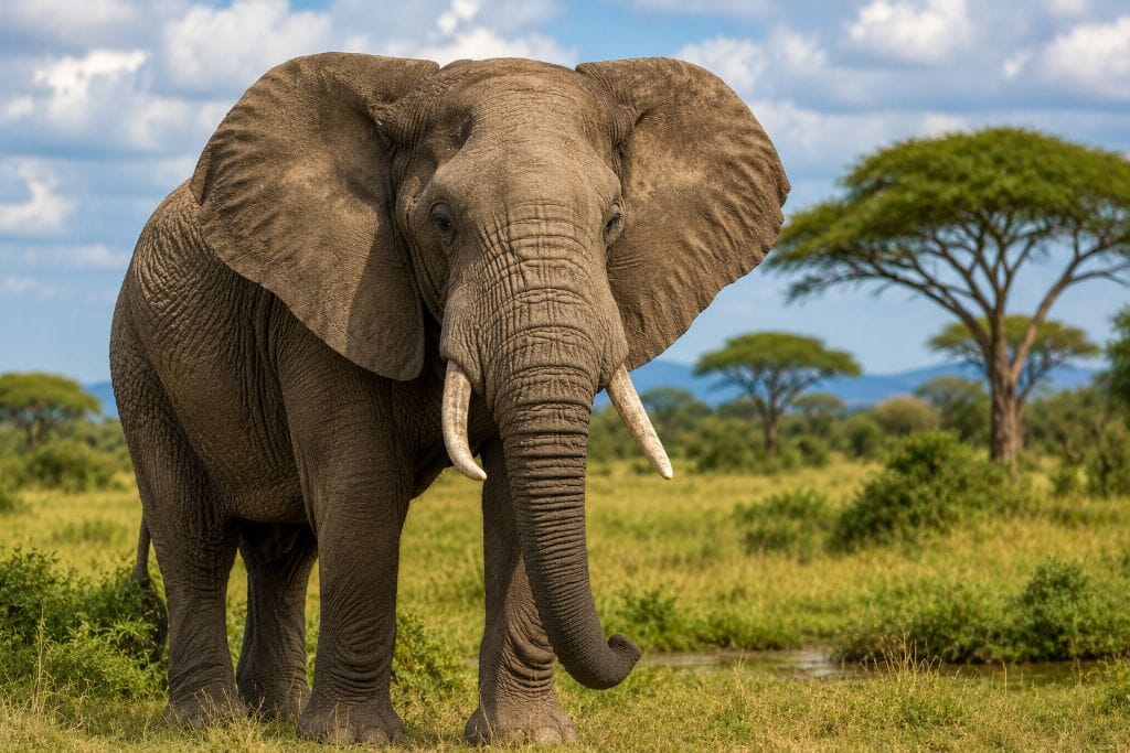 African elephant standing in the savanna with large tusks and acacia trees in the background.