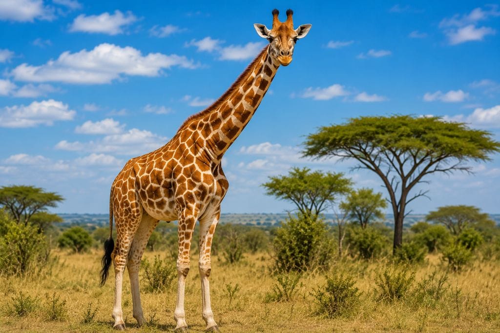Tall giraffe standing in the African savanna with acacia trees under a bright blue sky.