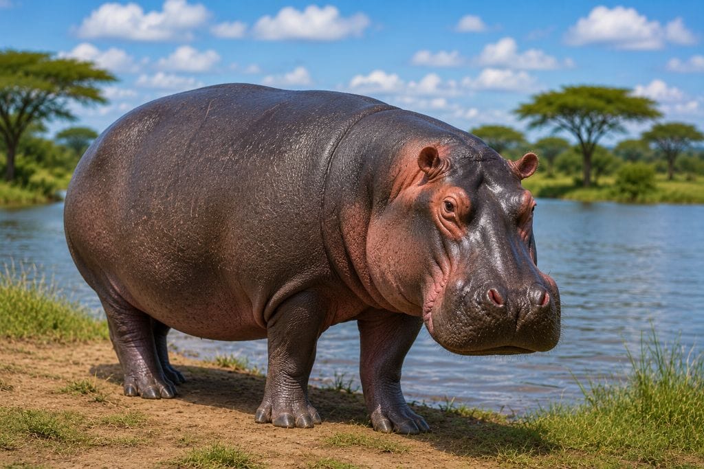 Hippopotamus standing beside a river in the African savanna with water and acacia trees in the background.