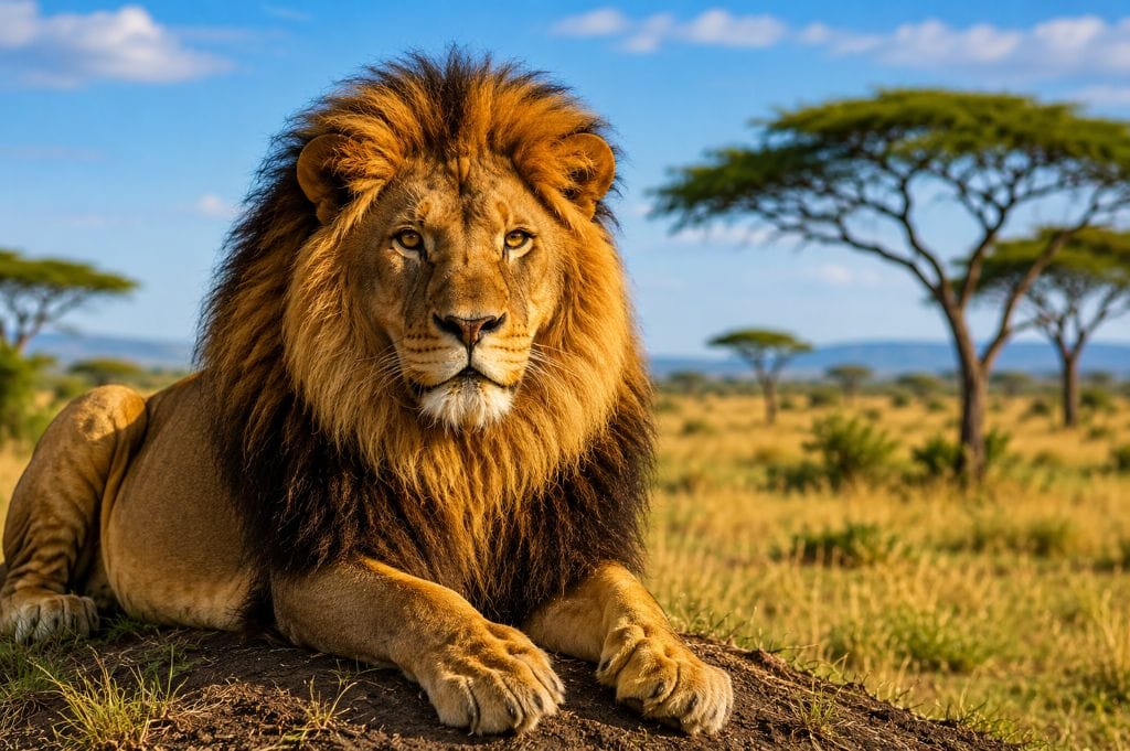 Wild Animal Names - Majestic male lion resting in the African savanna, one of the most popular wild animals for kids to learn.
