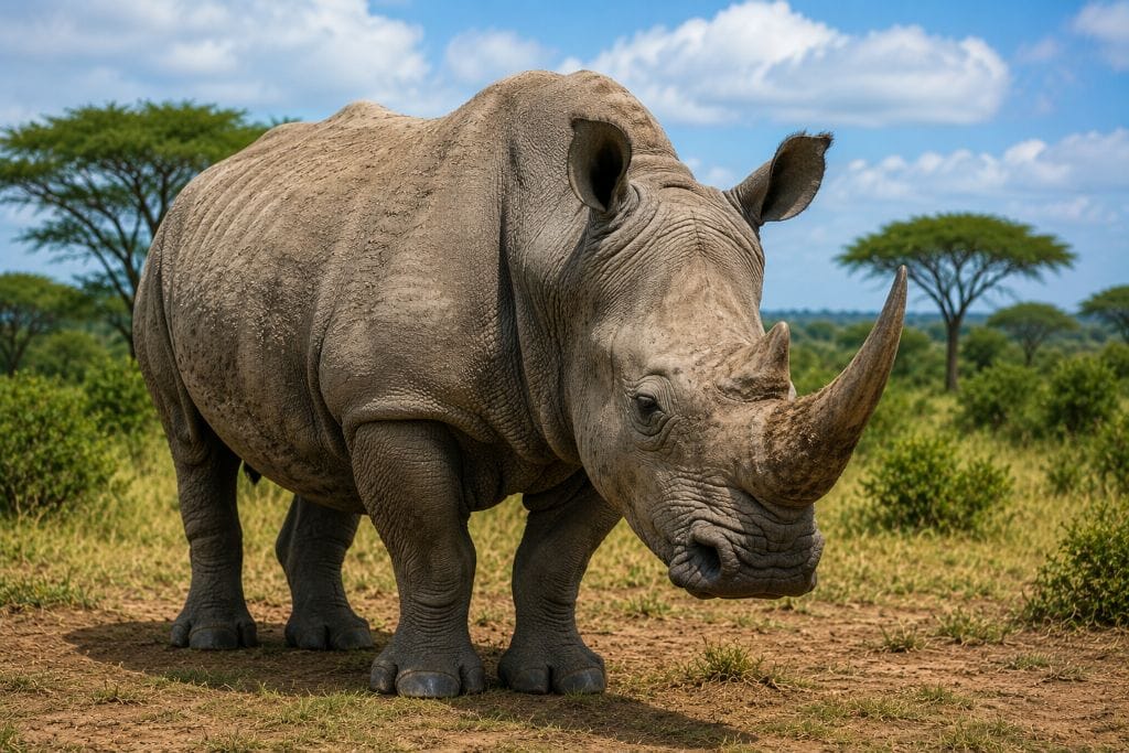 African rhinoceros standing in the savanna with its large horn and rugged gray skin.