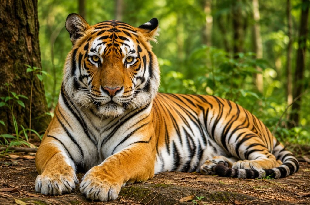 Bengal tiger resting in a lush green forest, one of the most iconic wild animals for kids to learn.