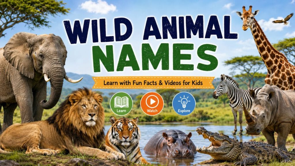 Wild animal names for kids featuring a lion, tiger, elephant, giraffe, zebra, rhinoceros, hippopotamus, and crocodile in their natural habitats.