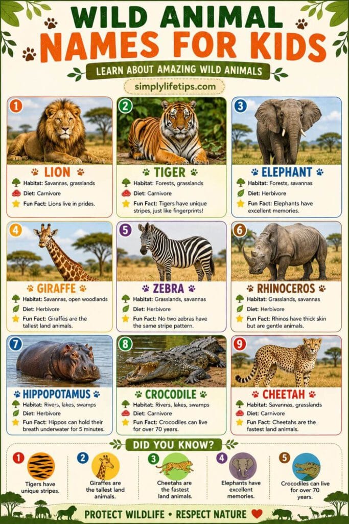 Educational infographic featuring lion, tiger, elephant, giraffe, zebra, rhinoceros, hippopotamus, crocodile, and cheetah with fun facts for kids.