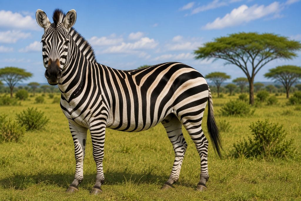 Zebra standing in the African savanna with distinctive black and white stripes and acacia trees in the background.