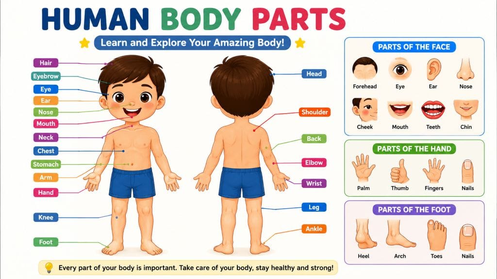 Human body parts chart for kids with labeled body parts