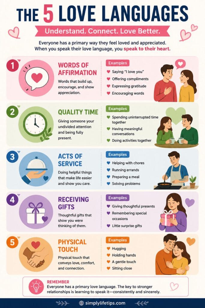 5 Love Languages For Healthy Relationships 3 Infographic explaining the five love languages—Words of Affirmation, Quality Time, Acts of Service, Receiving Gifts, and Physical Touch—with practical examples for building healthy relationships.