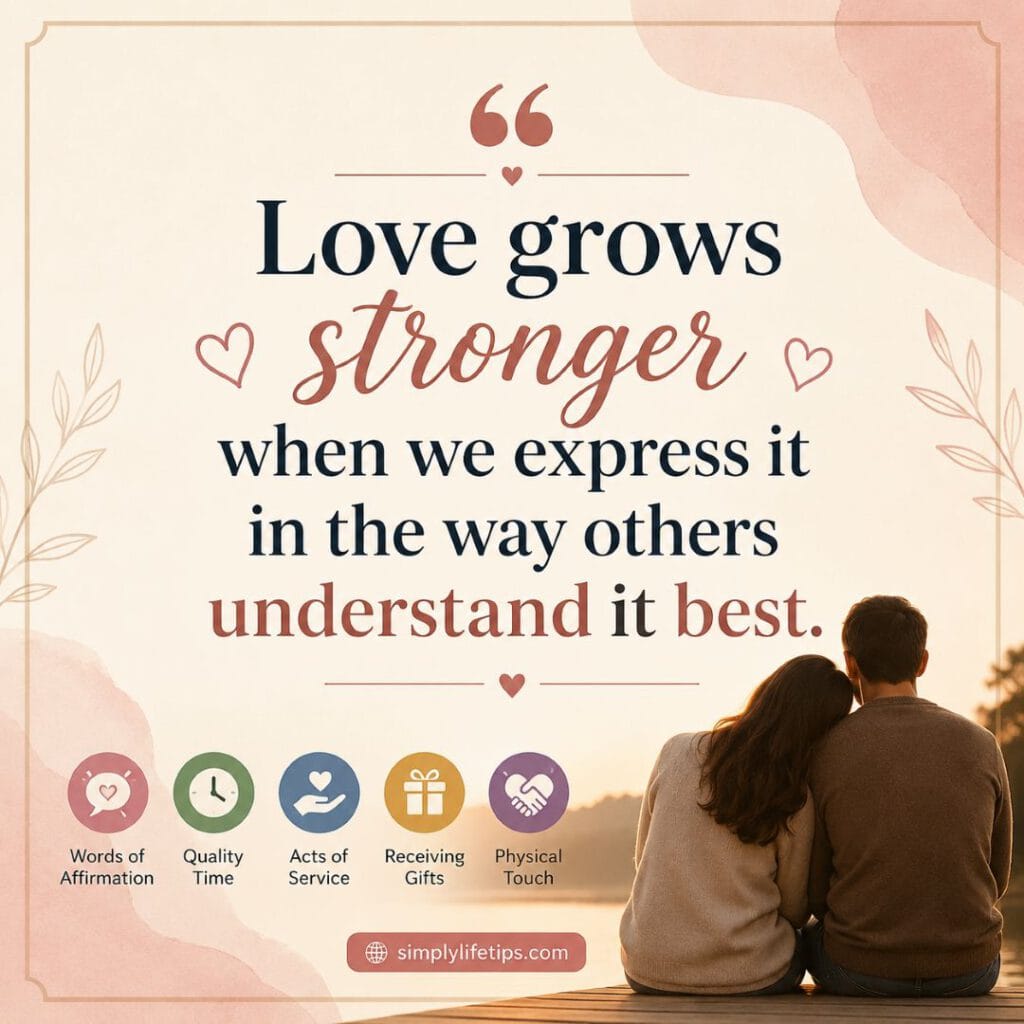 5 Love Languages For Healthy Relationships 4 Inspirational quote about love languages emphasizing that love grows stronger when expressed in ways others understand, with symbols representing the five love languages.