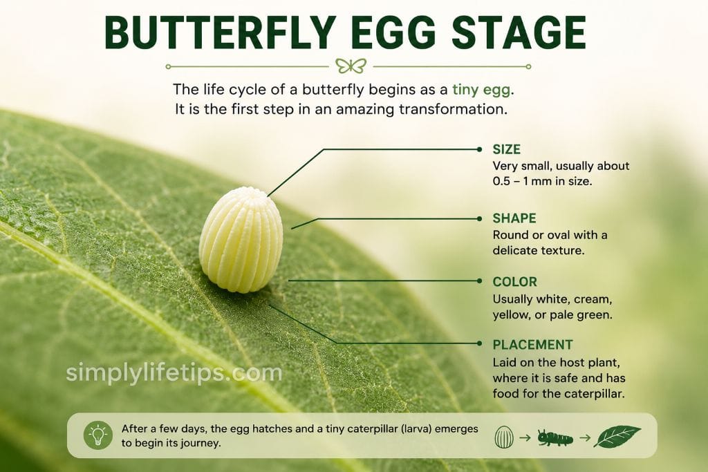 The Life Cycle Of A Butterfly: 4 Amazing Stages Explained 4 Illustration of the butterfly egg stage showing a tiny butterfly egg on a green leaf with labeled features including size, shape, color, and placement.