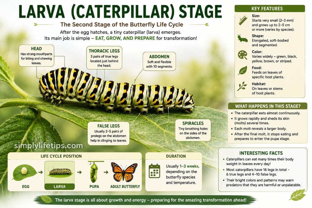 The Life Cycle Of A Butterfly: 4 Amazing Stages Explained 5 Educational illustration of the butterfly larva (caterpillar) stage showing a caterpillar on a green leaf with labeled body parts, key features, feeding habits, and life cycle position.