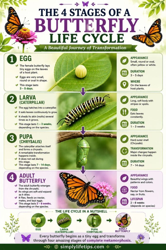 The Life Cycle Of A Butterfly: 4 Amazing Stages Explained 8 Infographic explaining the butterfly life cycle with four stages: egg, larva (caterpillar), pupa (chrysalis), and adult butterfly, including key facts about each stage.