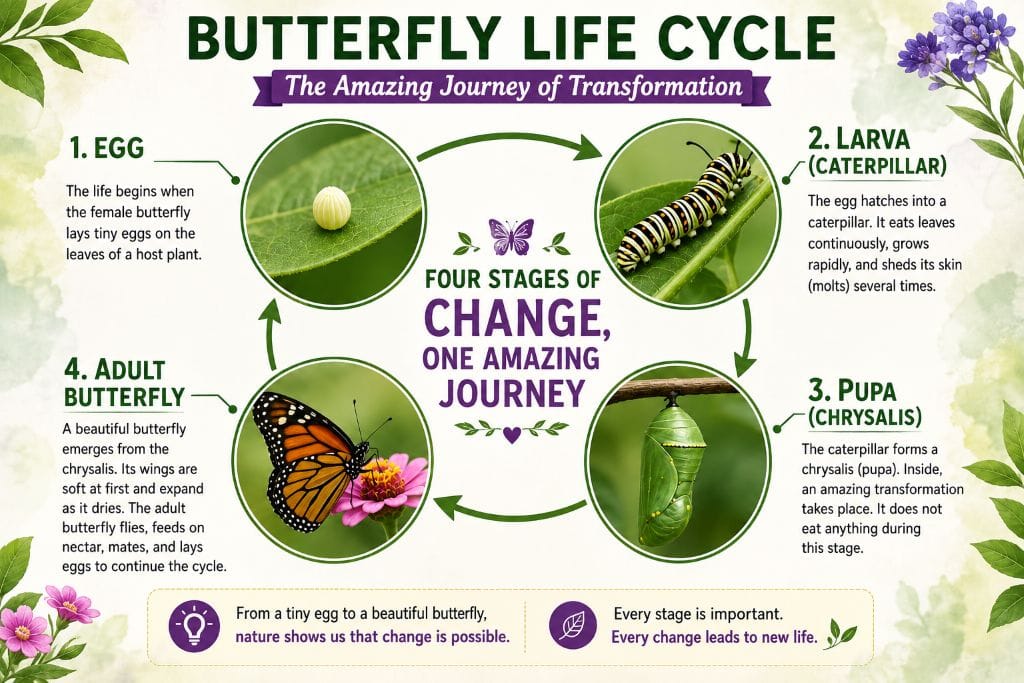 The Life Cycle Of A Butterfly: 4 Amazing Stages Explained 3 Butterfly life cycle overview illustration showing the four stages of complete metamorphosis: egg, larva (caterpillar), pupa (chrysalis), and adult butterfly.