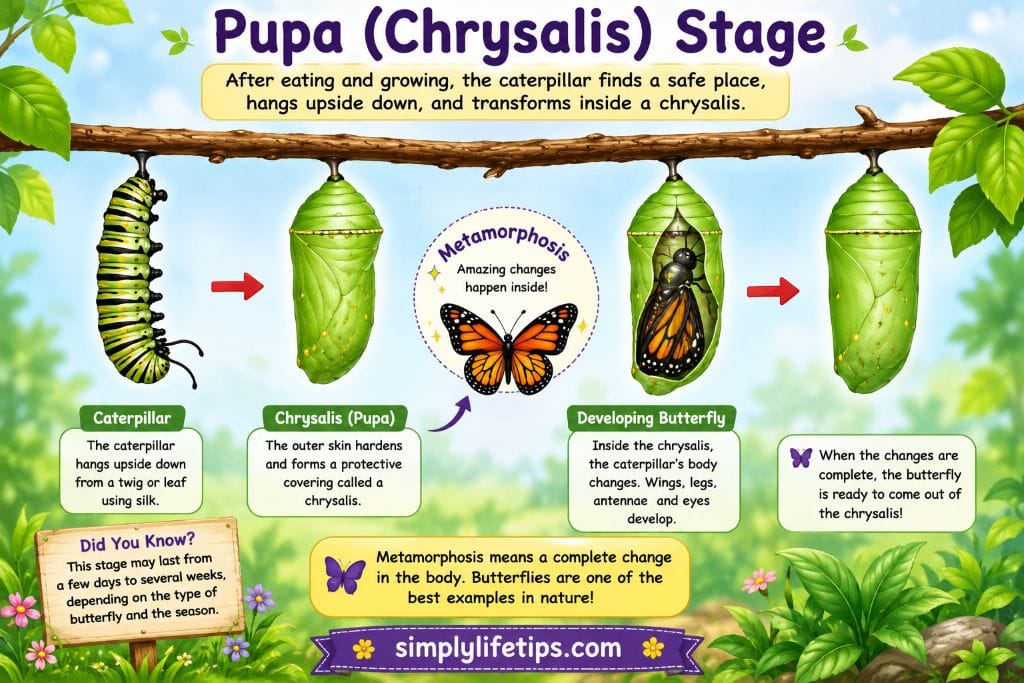 The Life Cycle Of A Butterfly: 4 Amazing Stages Explained 6 Illustration of the butterfly pupa stage showing a chrysalis attached to a plant with labeled features including size, shape, color, location, and metamorphosis.