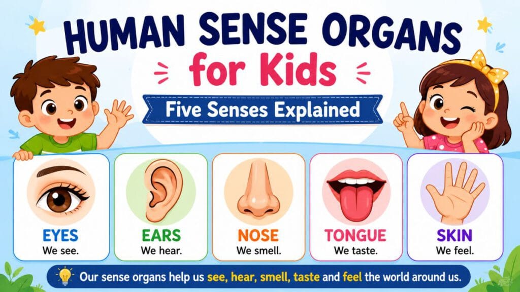 Human sense organs for kids showing the five senses