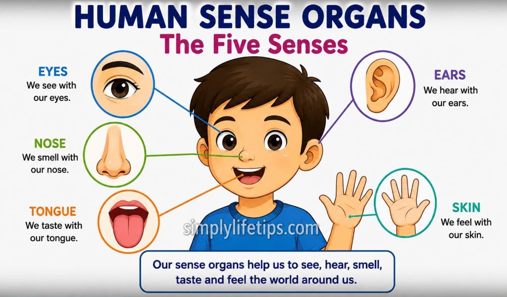 Human sense organs and five senses diagram for kids