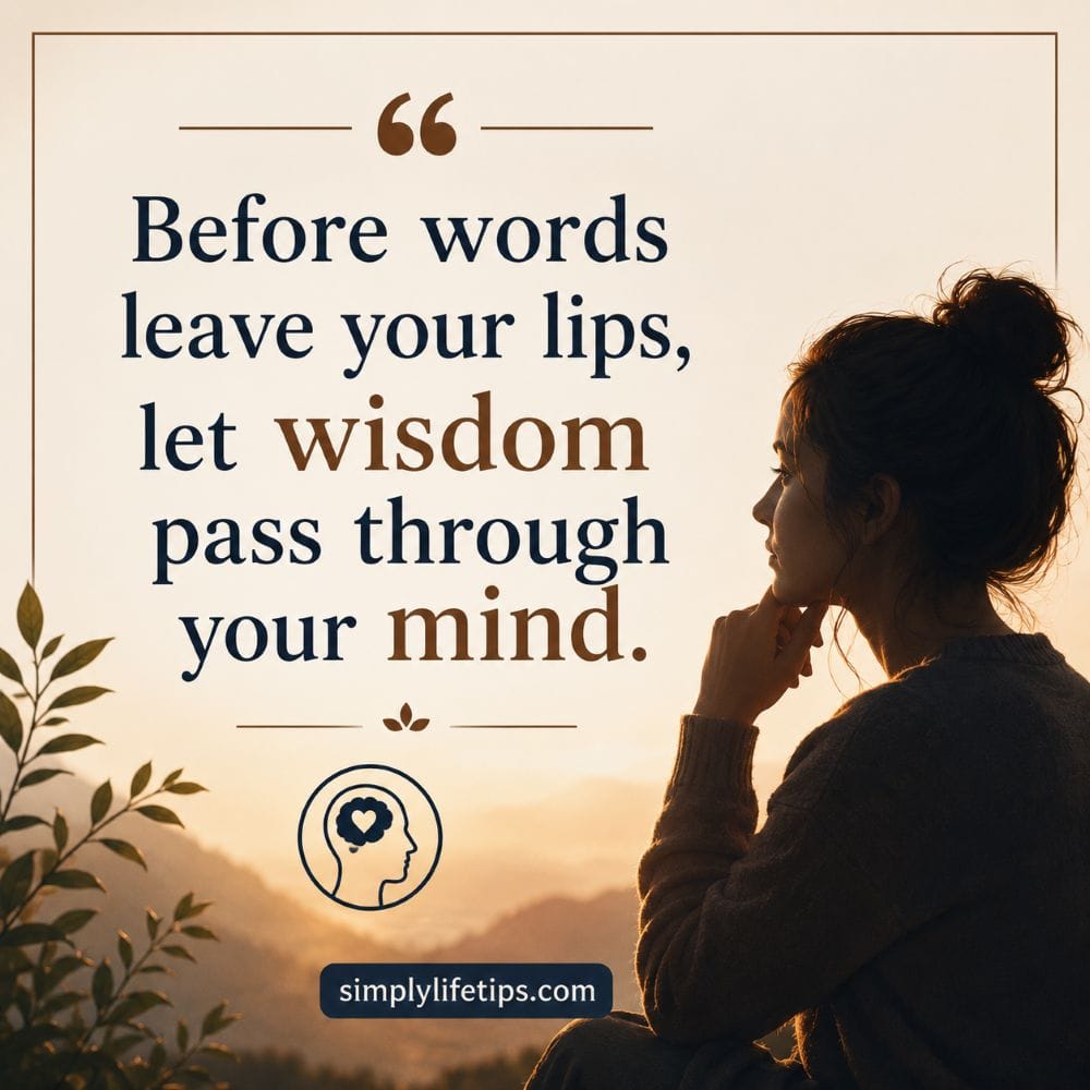 Think Before You Speak | Improve Every Conversation 8 Inspirational quote image with the message "Before words leave your lips, let wisdom pass through your mind" on a peaceful background