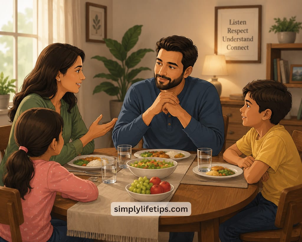 Think Before You Speak | Improve Every Conversation 5 Parents and children having a calm, respectful conversation around a dining table, demonstrating healthy family communication and active listening