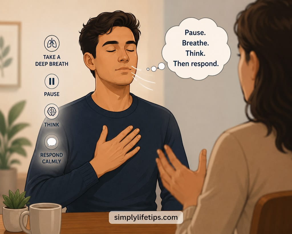 Think Before You Speak | Improve Every Conversation 4 A person taking a deep breath before responding during a conversation, illustrating emotional self-control and mindful communication