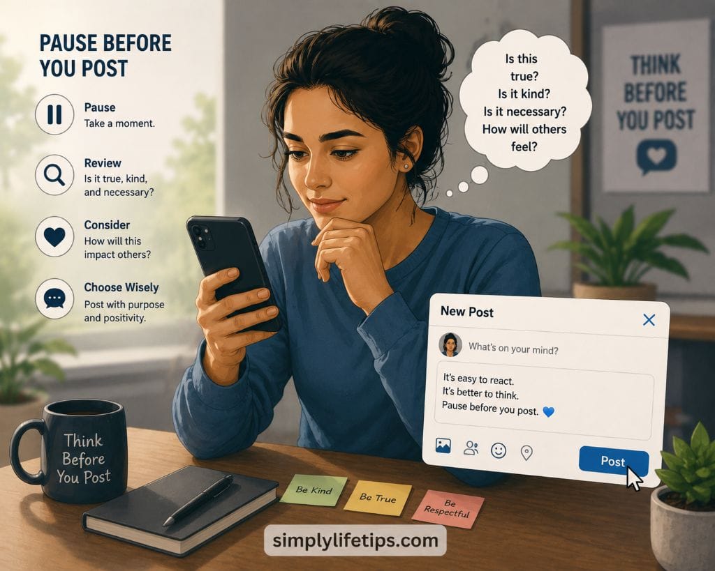 Think Before You Speak | Improve Every Conversation 7 A person thoughtfully reviewing a social media message before pressing the Post button, illustrating mindful posting and responsible online communication