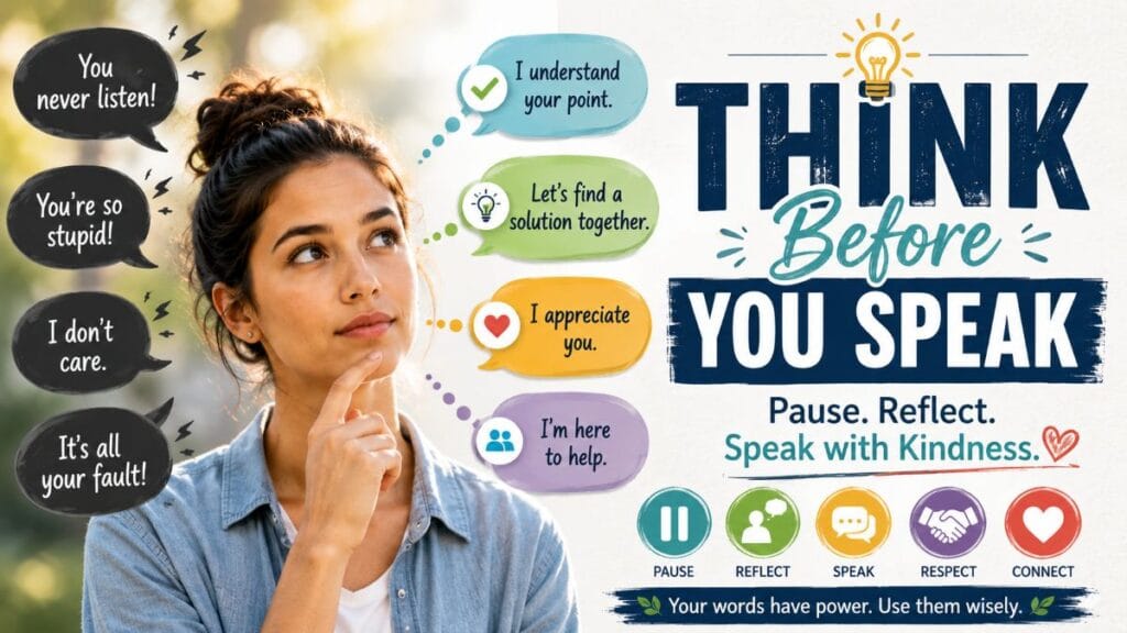 Think Before You Speak | Improve Every Conversation 1 Person pausing to think before speaking, illustrating mindful communication, emotional intelligence, and the THINK framework for choosing kind and thoughtful words.