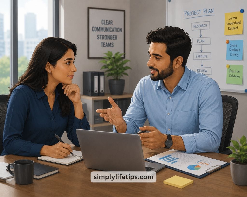 Think Before You Speak | Improve Every Conversation 6 Two colleagues discussing a project respectfully in an office, with one offering constructive feedback during a professional meeting