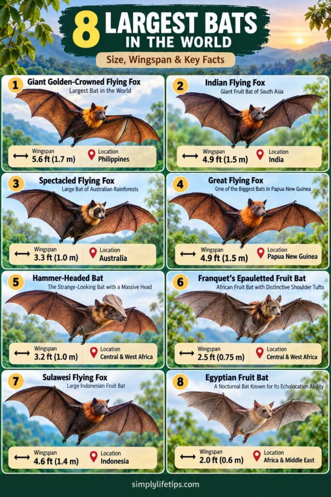 8 Largest Bats in the World | Size, Wingspan & Facts 3 Infographic showing 8 of the largest bats in the world and their wingspans