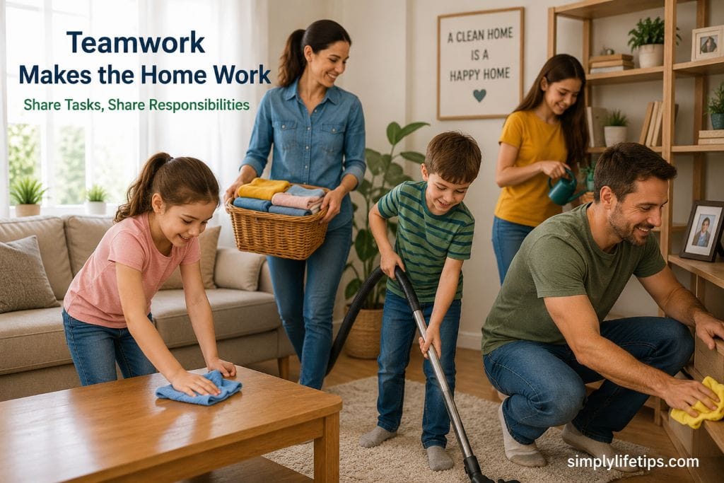 Family members sharing household chores