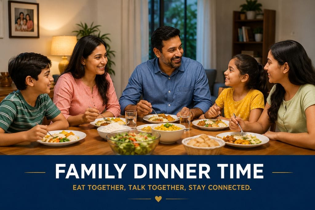 Family talking together at dinner without phones