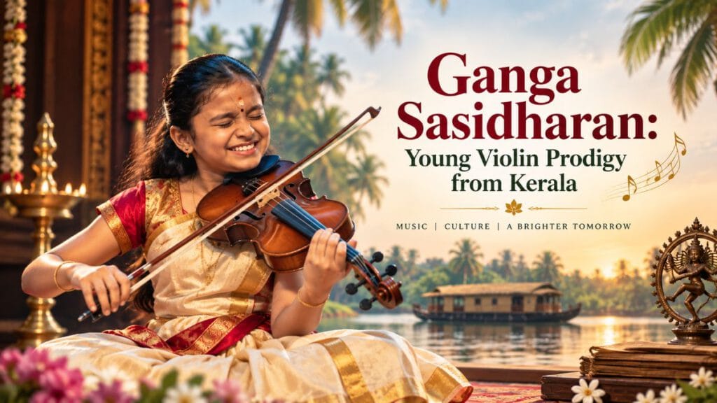 AI-generated illustration of Ganga Sasidharan as a young Kerala violinist