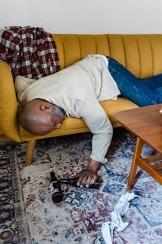 A man in casual attire lies on a couch, surrounded by beer bottles, suggesting excessive drinking.