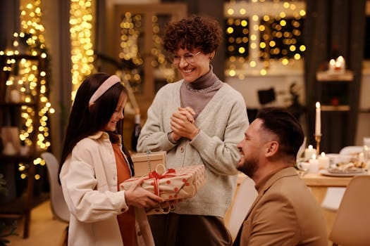 30 Powerful Ways to Show Gratitude to Parents 7 A joyful family gathering exchanging gifts during a cozy Christmas evening indoors.