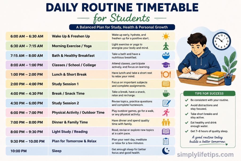Daily routine timetable for students with study, exercise, meals, breaks, and sleep