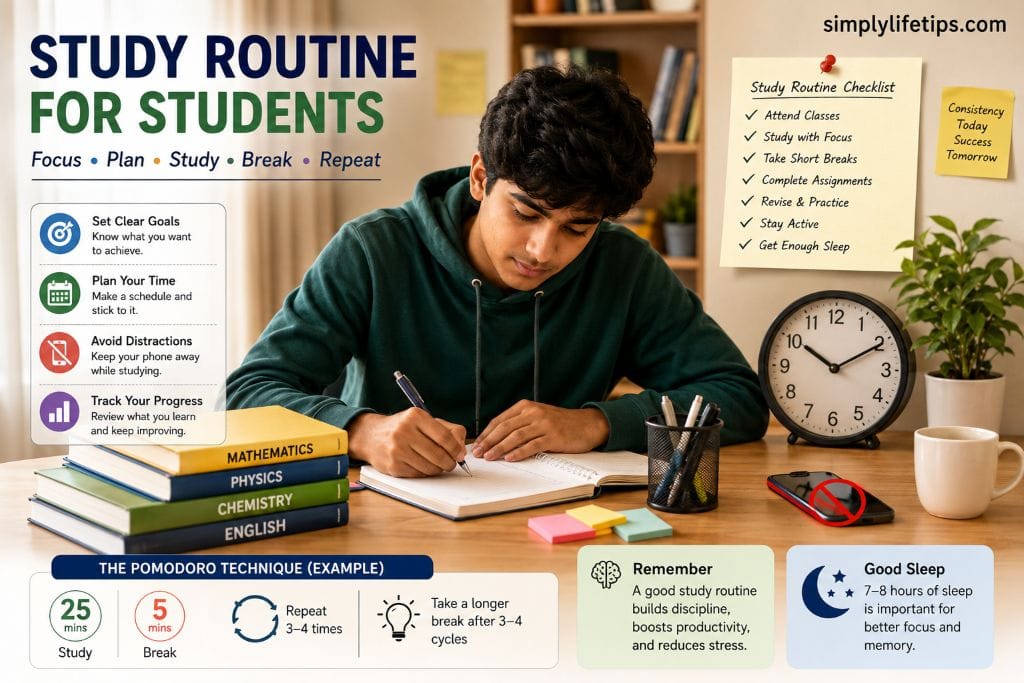 Study routine for students with focus, planning, study, breaks, and sleep