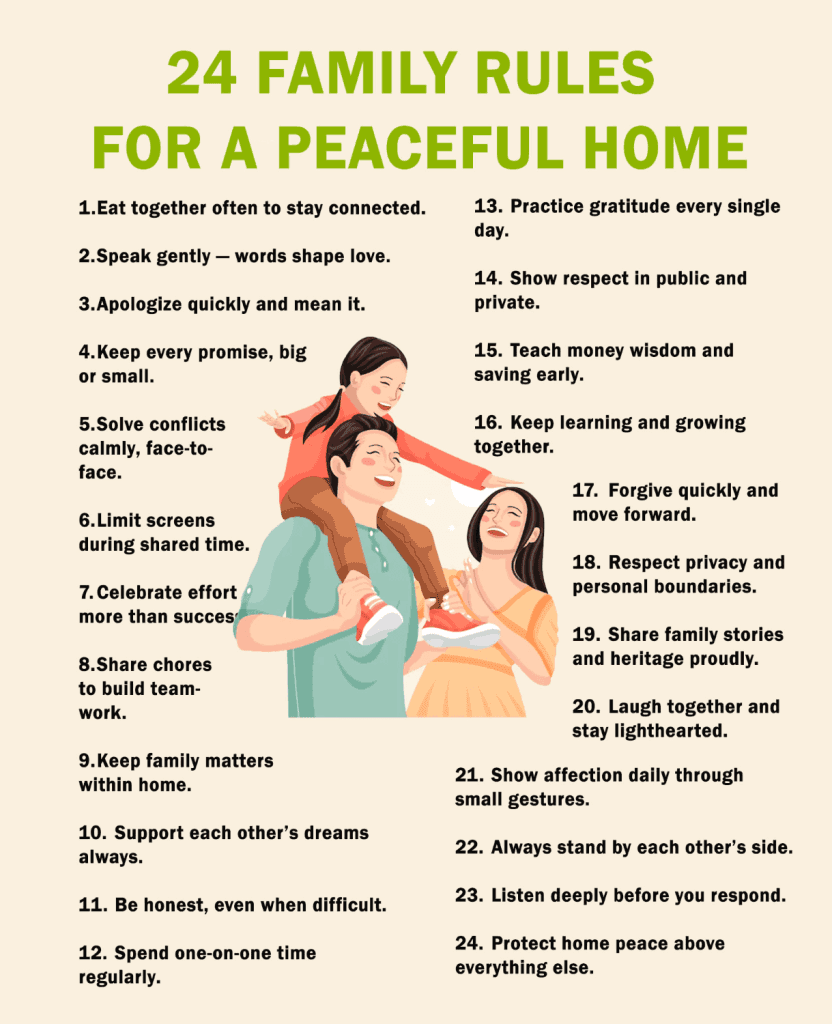 24 family rules for a peaceful home infographic