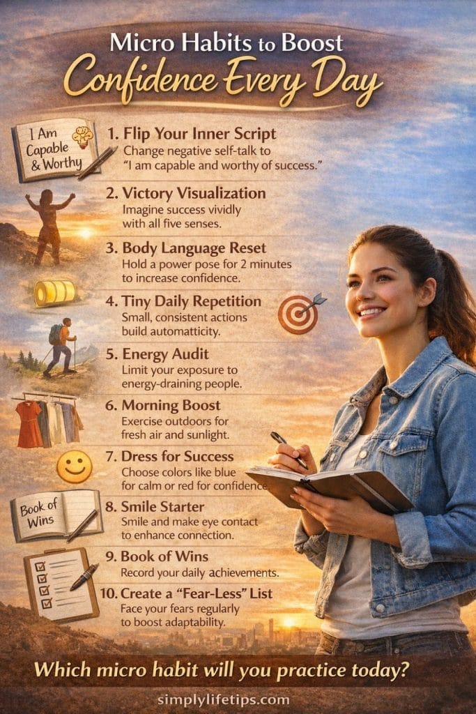 10 micro habits to boost confidence such as positive self-talk, body language reset, energy audit, and fear-less list