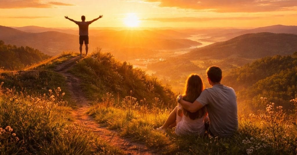 Enjoy Every Moment of Life 2 Person standing on a hill with arms open at sunset while a couple enjoys the beautiful valley view representing enjoying every moment of life