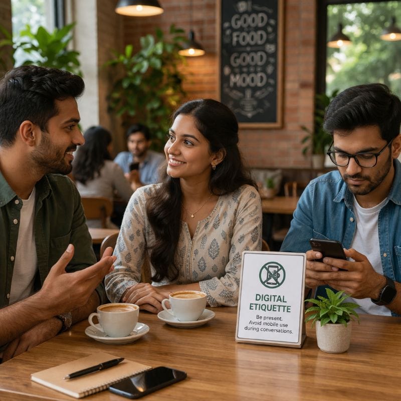 Etiquette Rules in India (That Actually Apply Everywhere) 6 Young Indian woman using smartphone in cafe showing digital etiquette and mindful phone usage