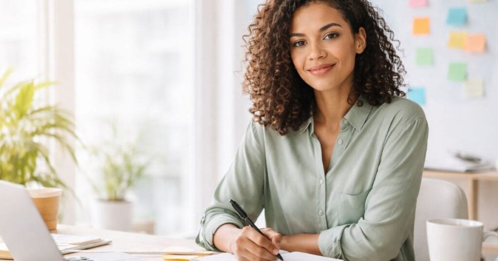 Emotional maturity concept showing a calm woman reflecting and writing in a peaceful workspace