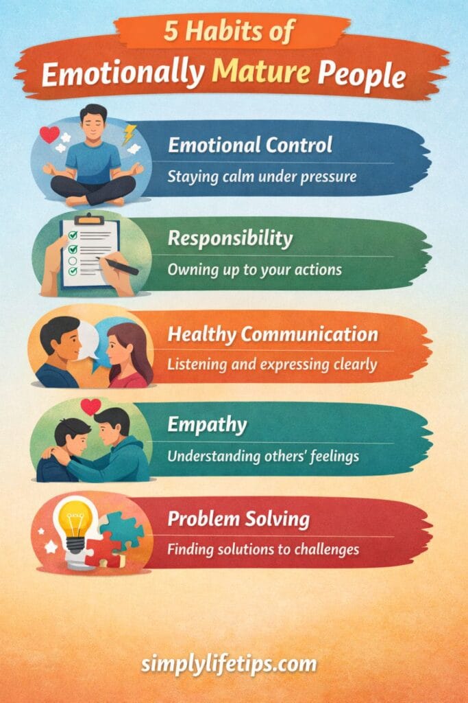 Emotional Maturity | Benefits and Development Tactics 3 Infographic showing 5 habits of emotionally mature people including emotional control, responsibility, communication, empathy, and problem-solving